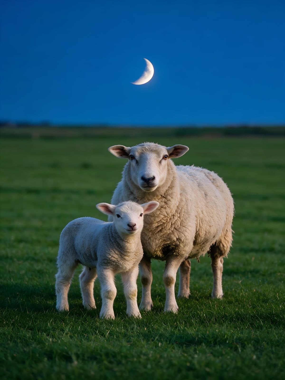 Schaap en lam onder een smalle maan