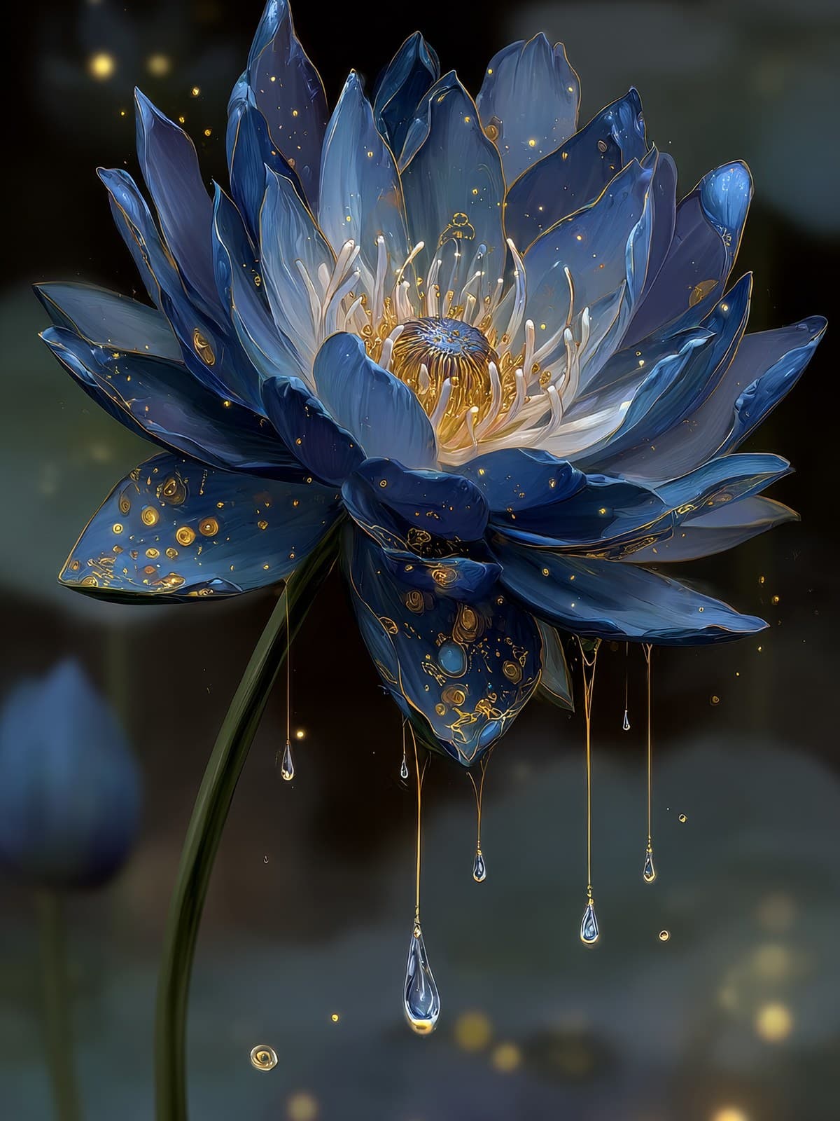 Blauwe lotus met gouden druppels
