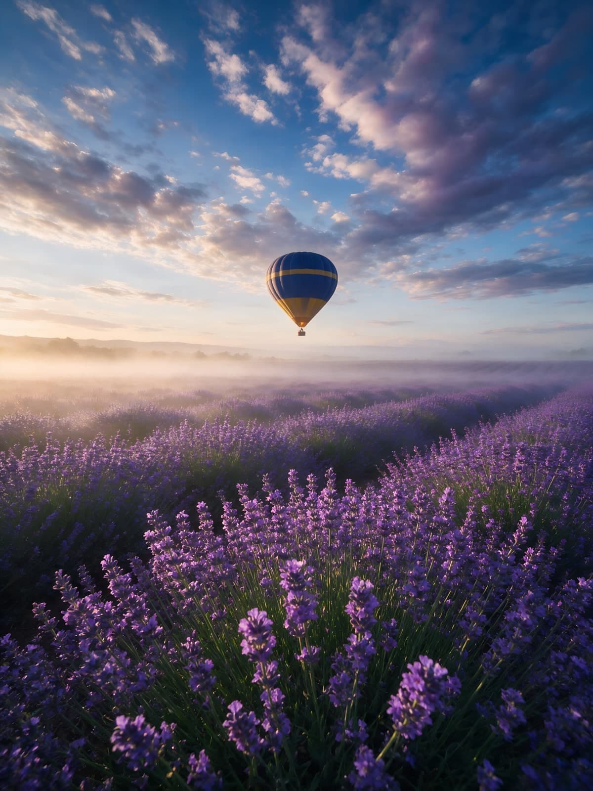 Luchtballon boven lavendel en ochtendnevel