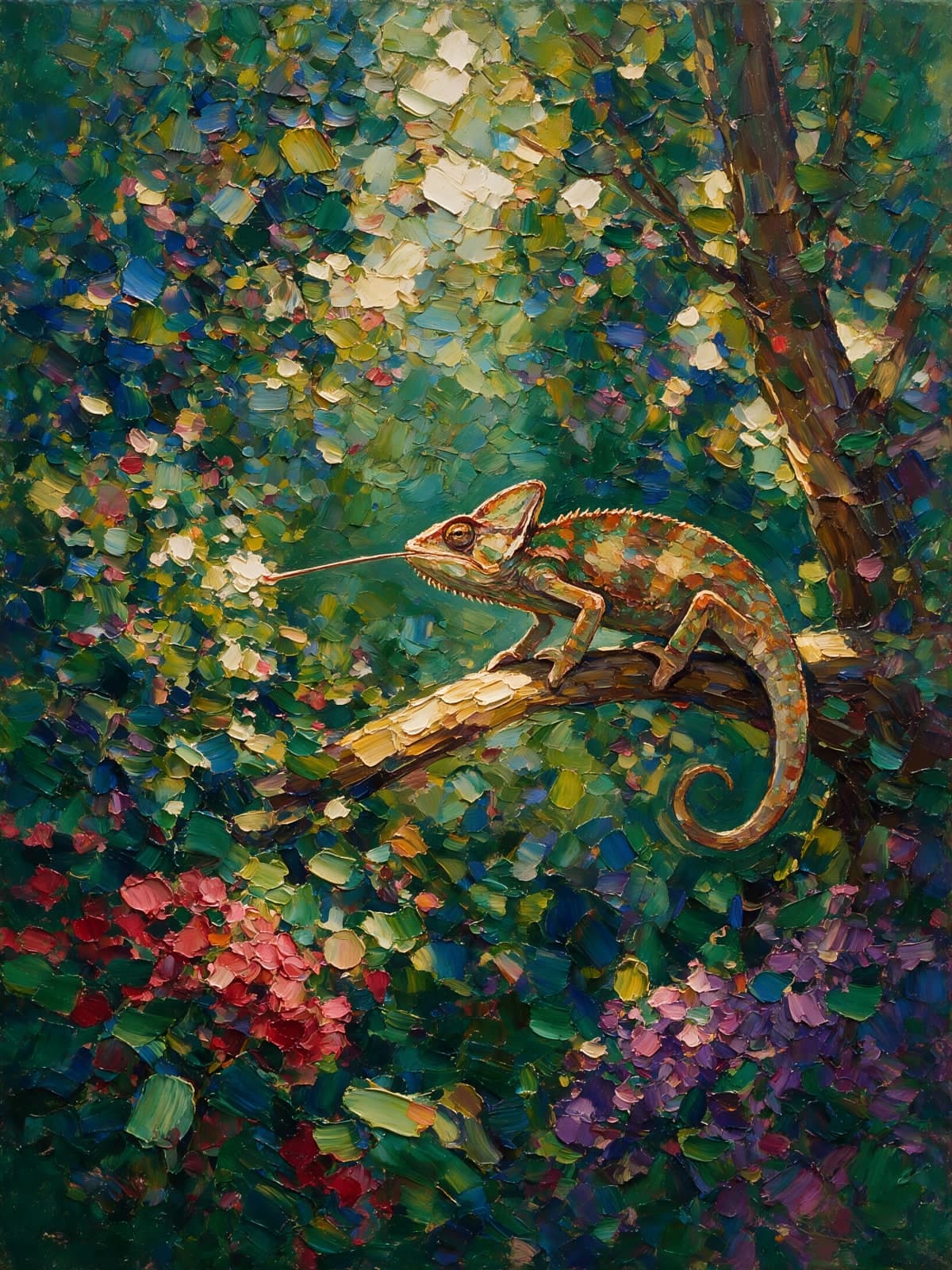 Kameleon op een tak tussen bloemen