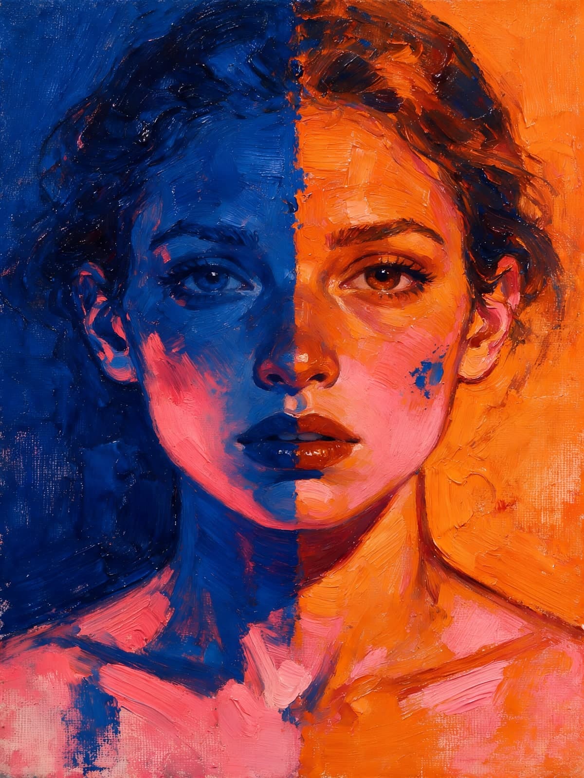 Gezicht verdeeld in blauw en oranje