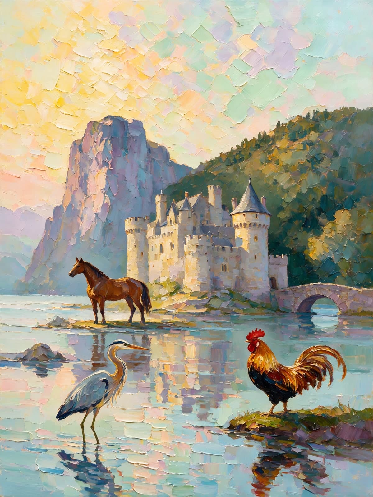 Kasteel aan water met haan en reiger