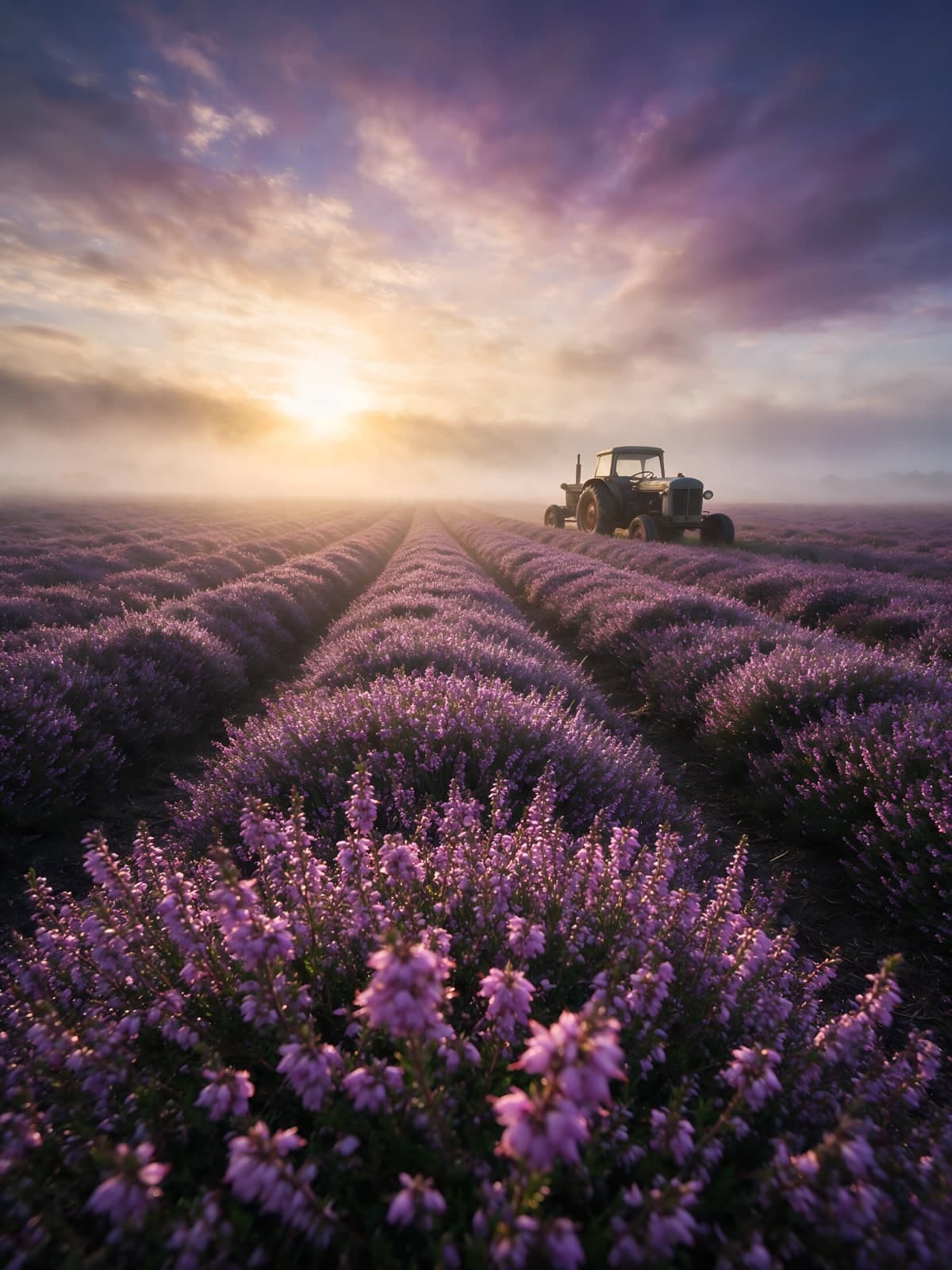 Lavendelrijen met tractor bij opkomende zon