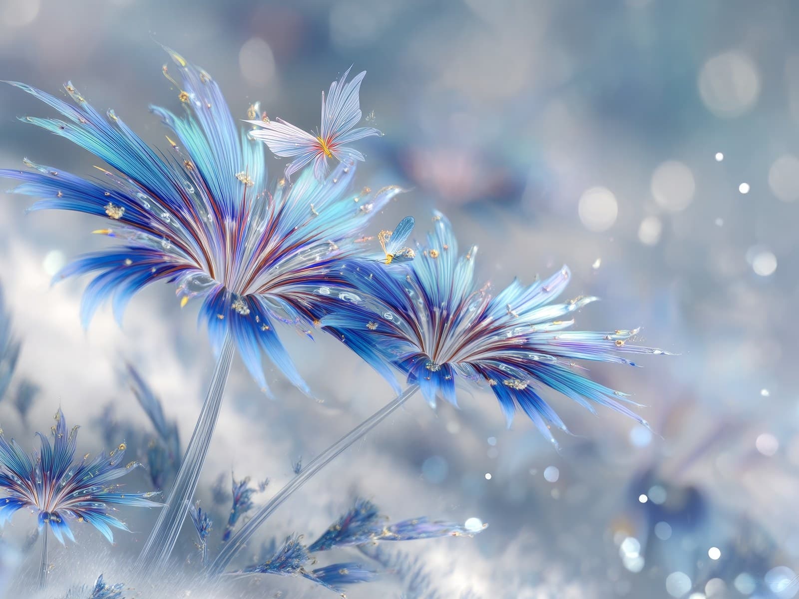 Blauwe sterbloemen in lichte nevel