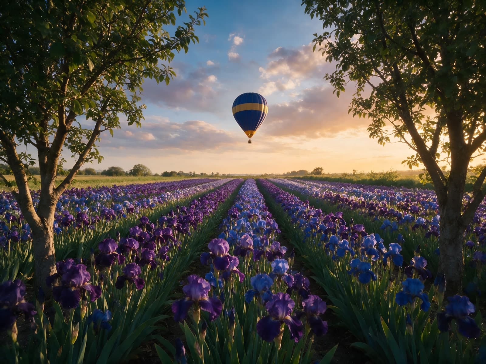 Heteluchtballon boven rijen blauwe irissen