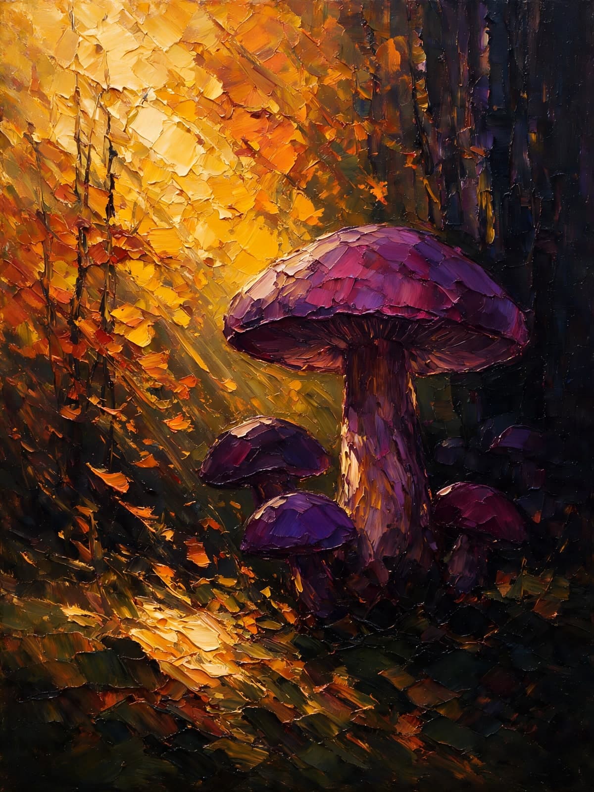 Paarse paddenstoel in een herfstbos vol goud