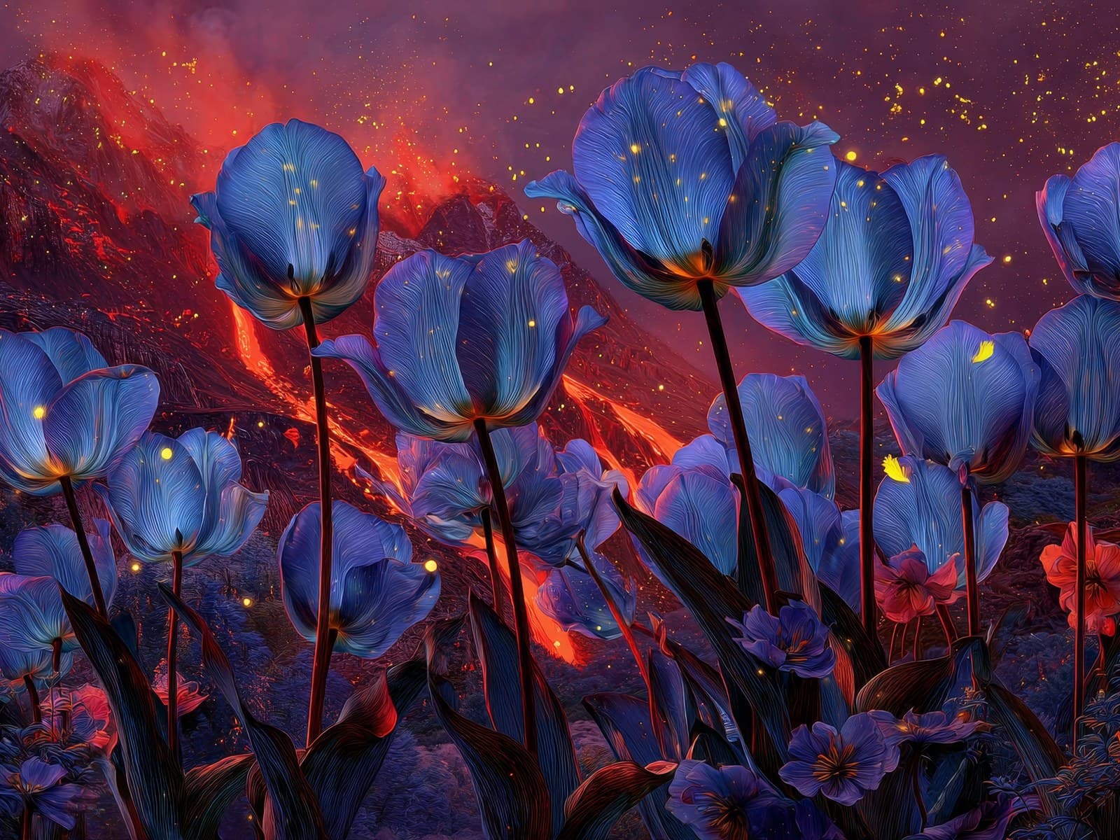 Blauwe tulpen bij een gloeiende lavahelling