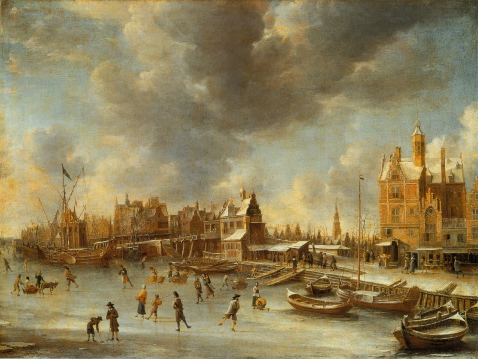 Schaatsers op het IJ voor het Paalhuis