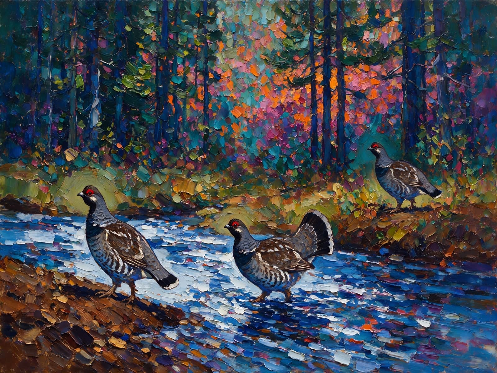 Drie vogels langs een blauwe bosbeek