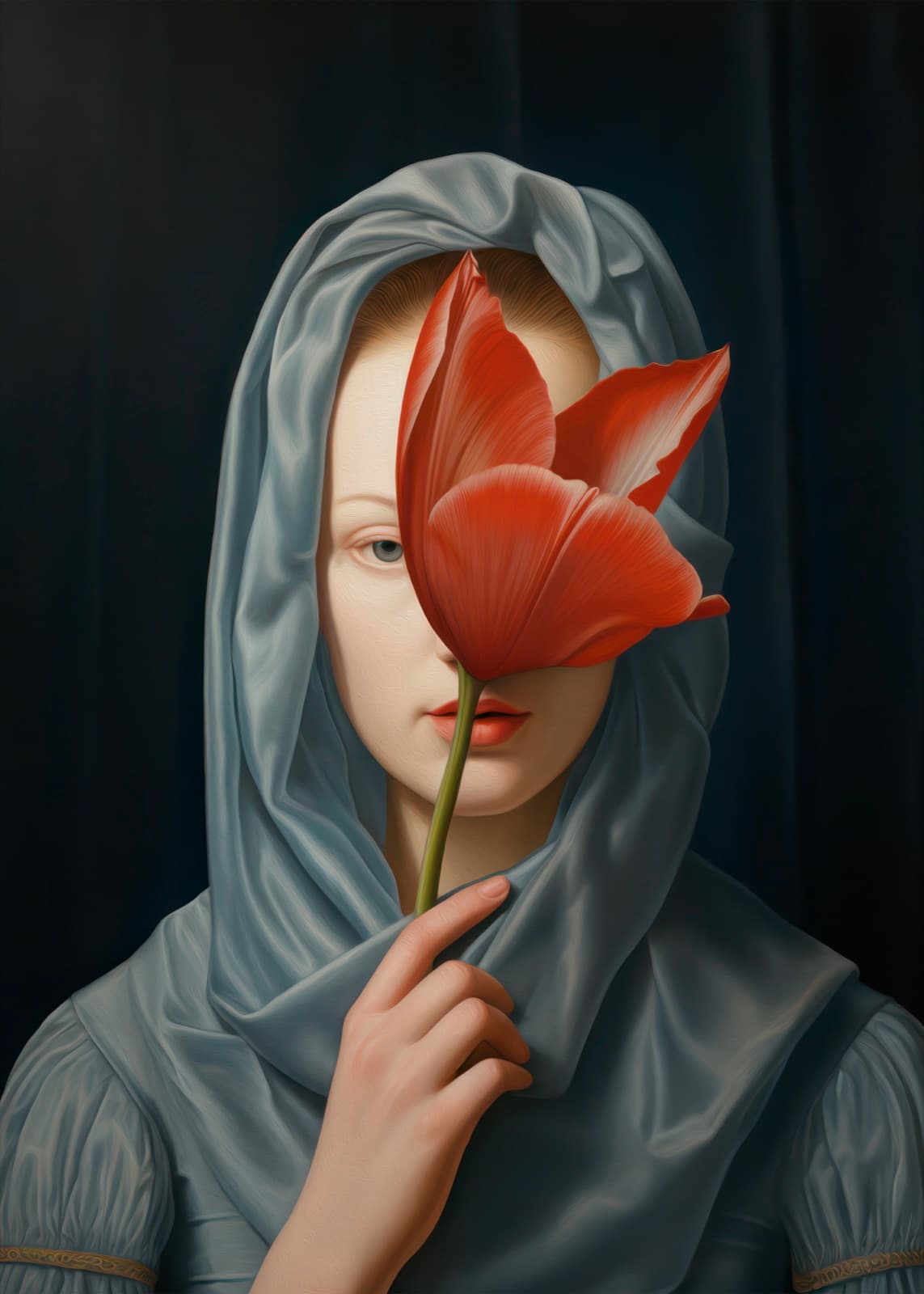 Vrouw in blauwe kap met rood bloemblad