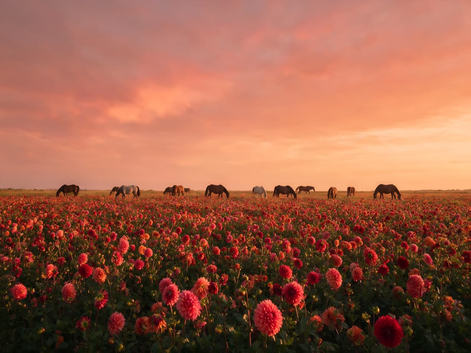 Grazende paarden in rode bloemen bij zonsondergang