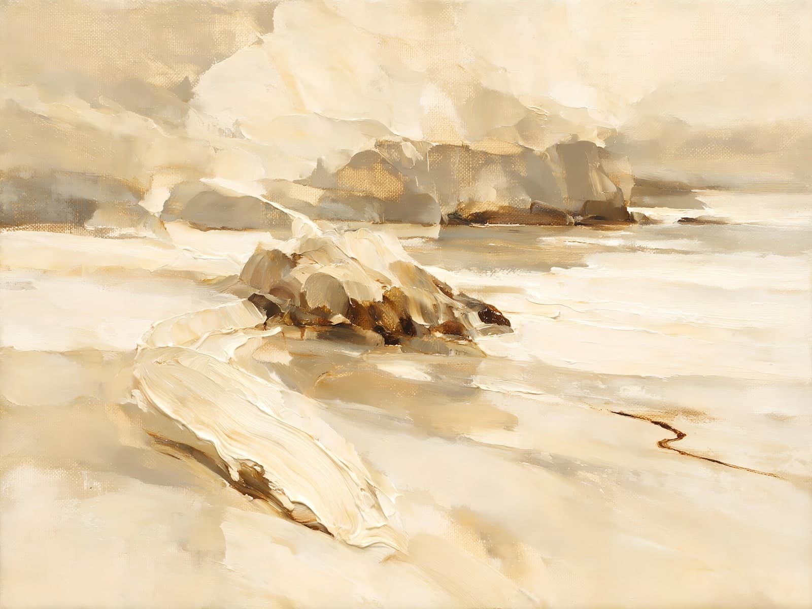 Beige strand met rotsen en zachte golven