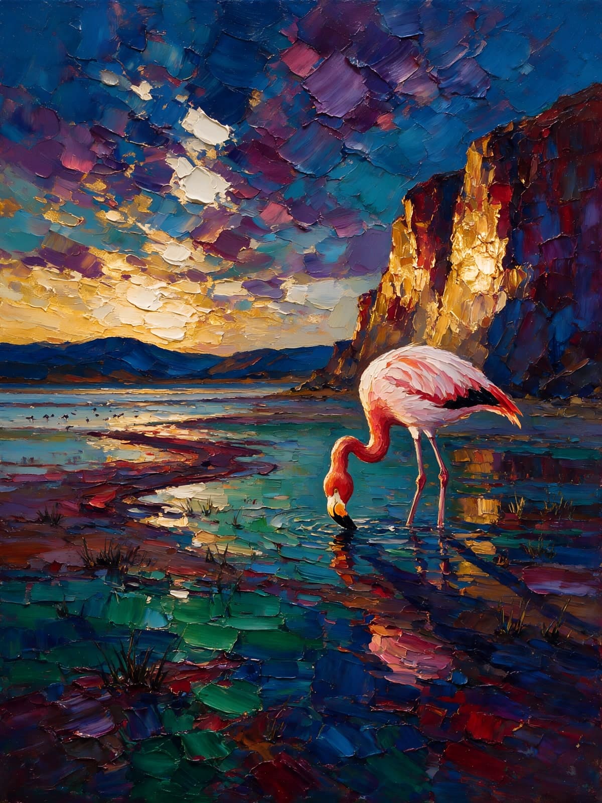 Flamingo aan het water onder avondlucht