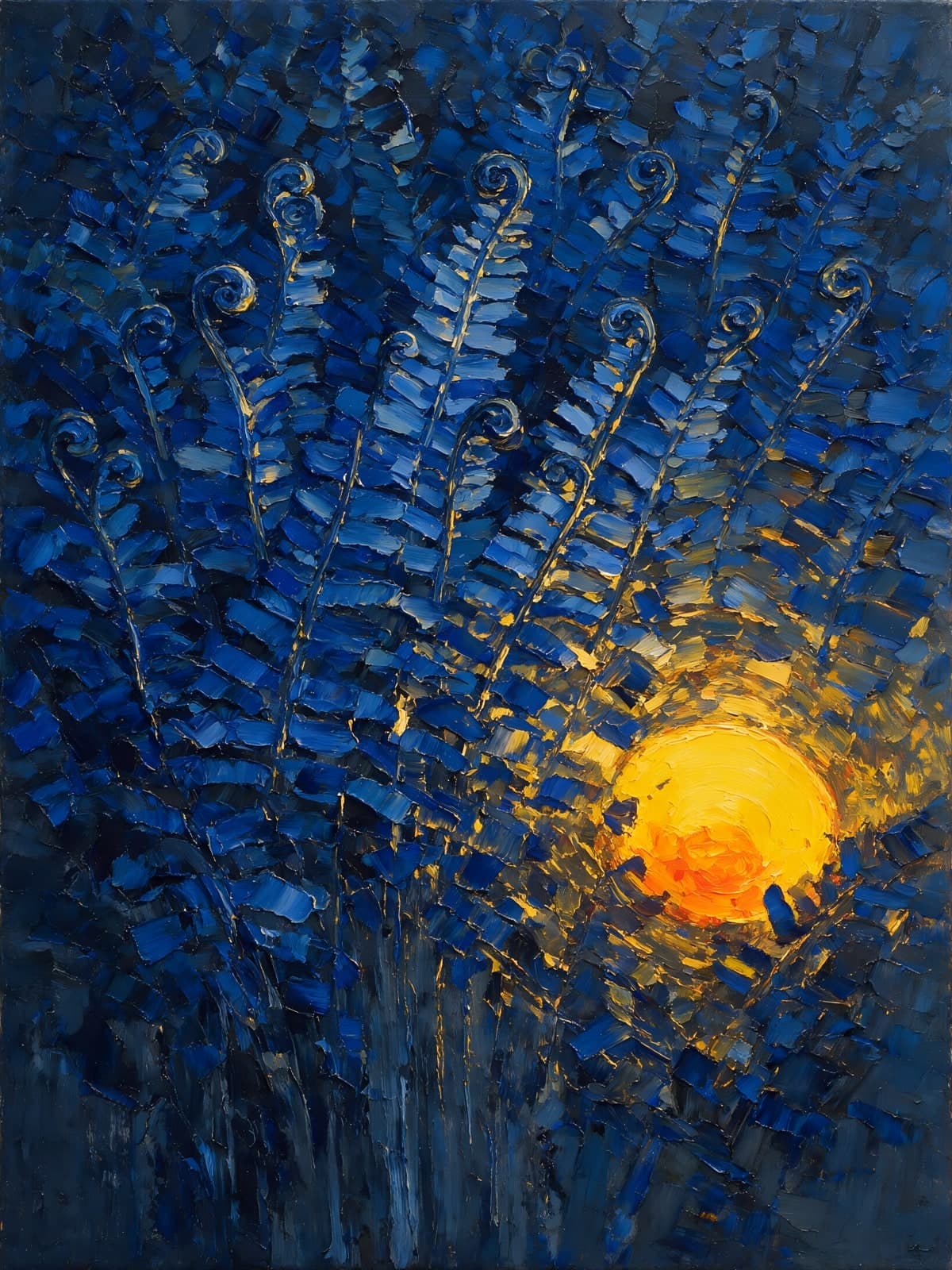 Blauwe varens voor een oranje zon