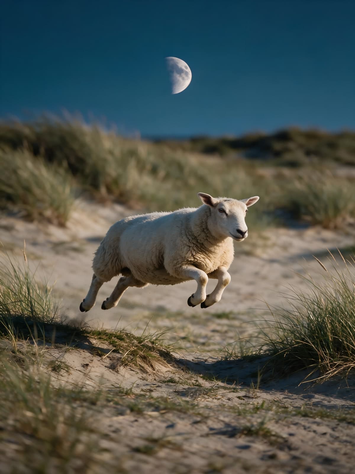 Springend schaap in de duinen bij maanlicht