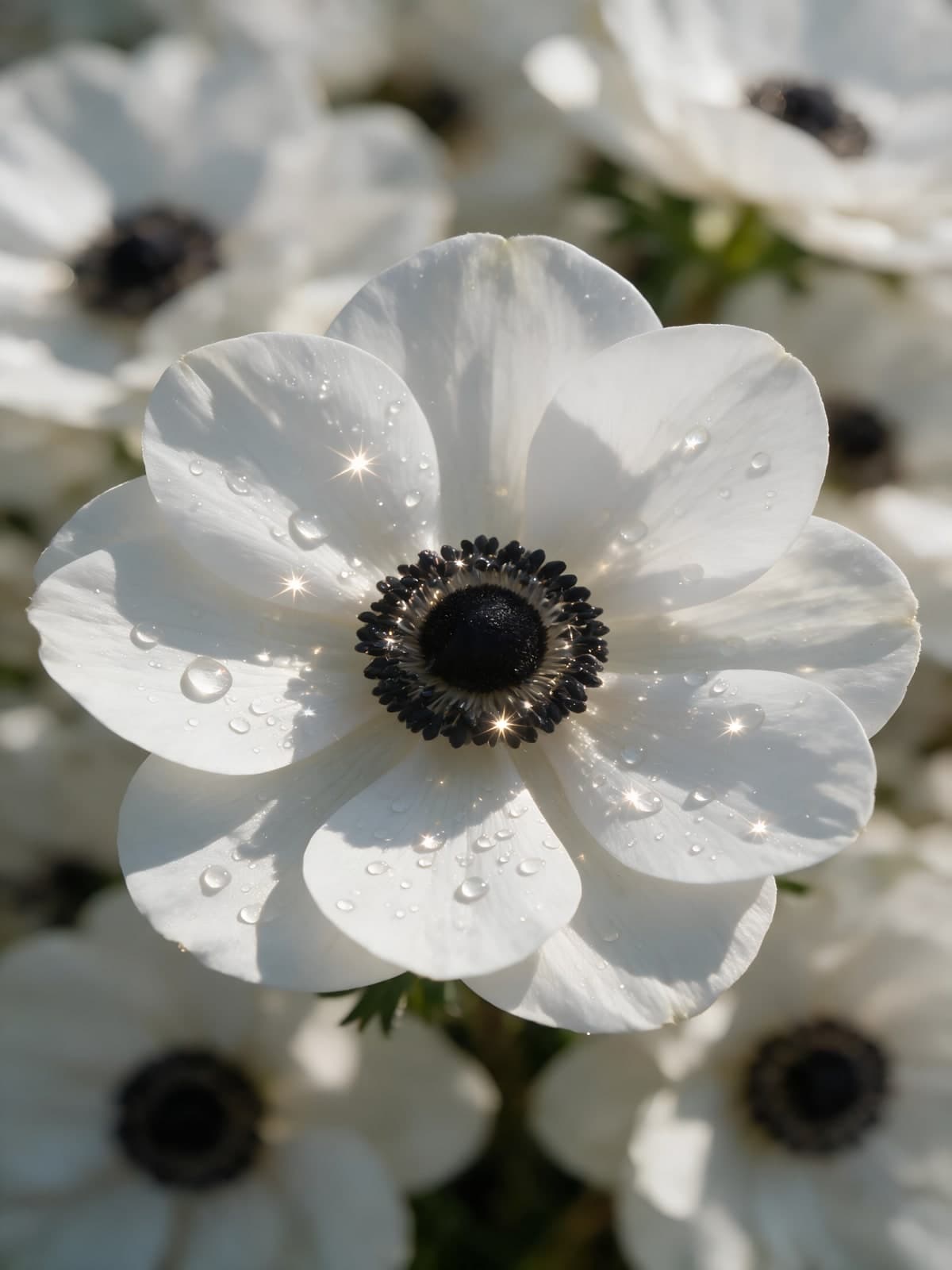 Witte anemoon met dauwdruppels