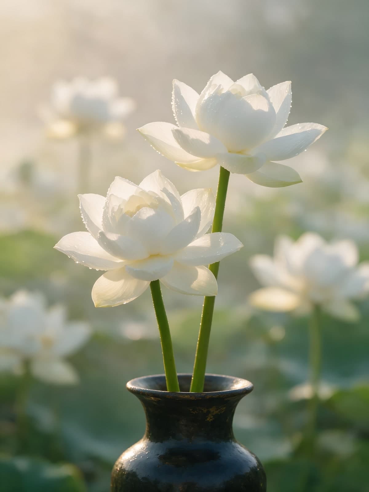Witte lotusbloemen in een zwarte vaas