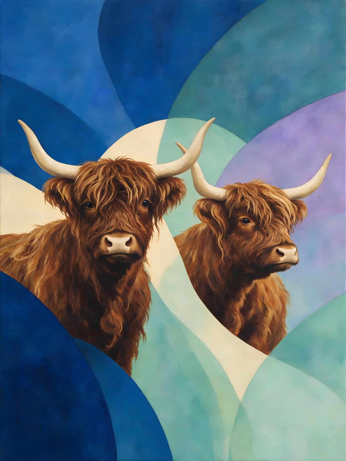 Twee hooglanders voor blauwe golvende vlakken