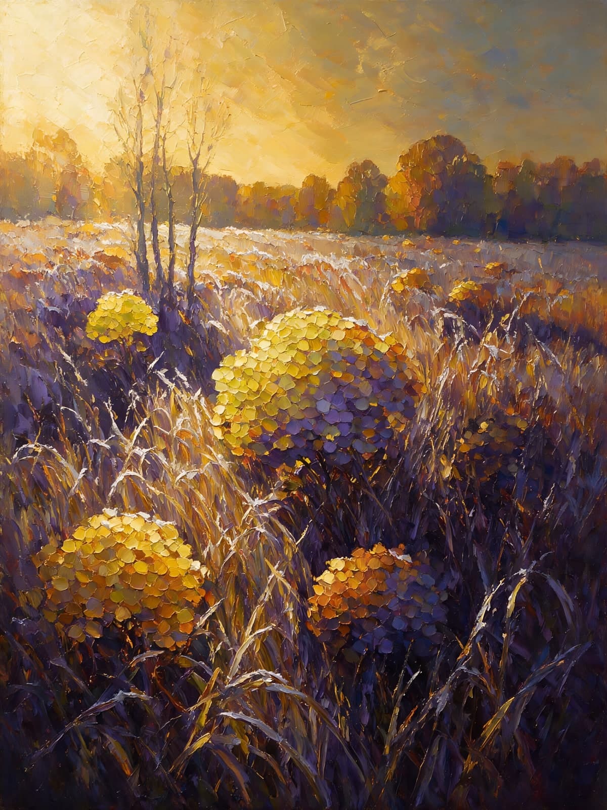 Gele bolbloemen in een herfstveld