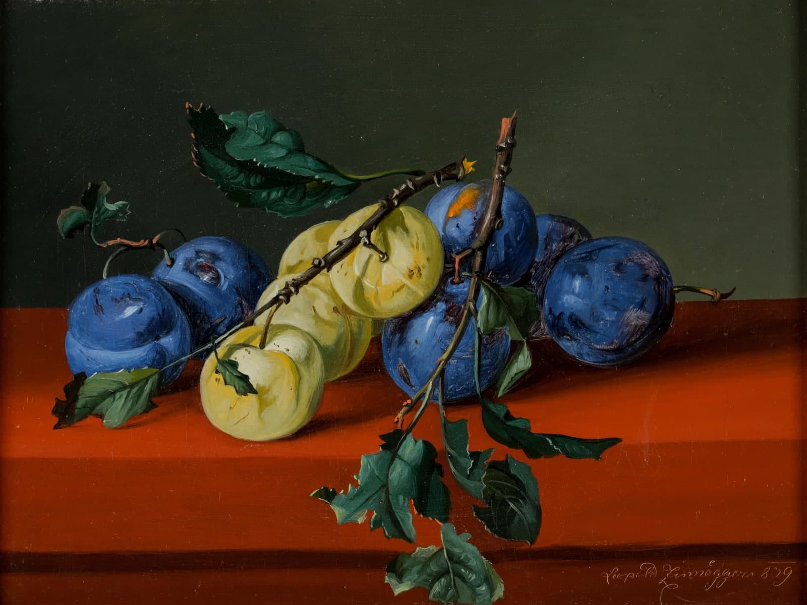 Stilleven met pruimen en mirabellen