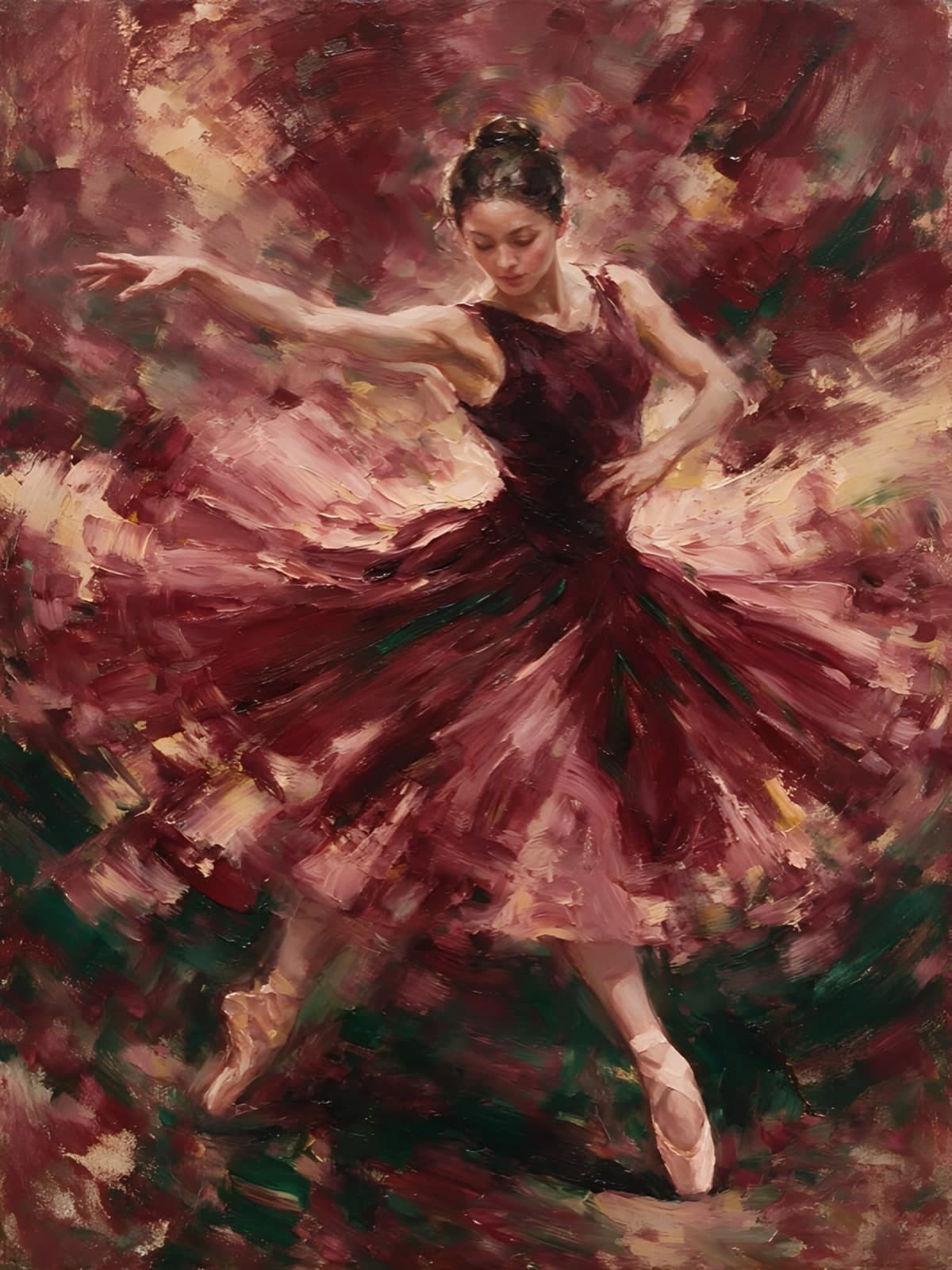Danseres in bordeauxrode jurk vol beweging