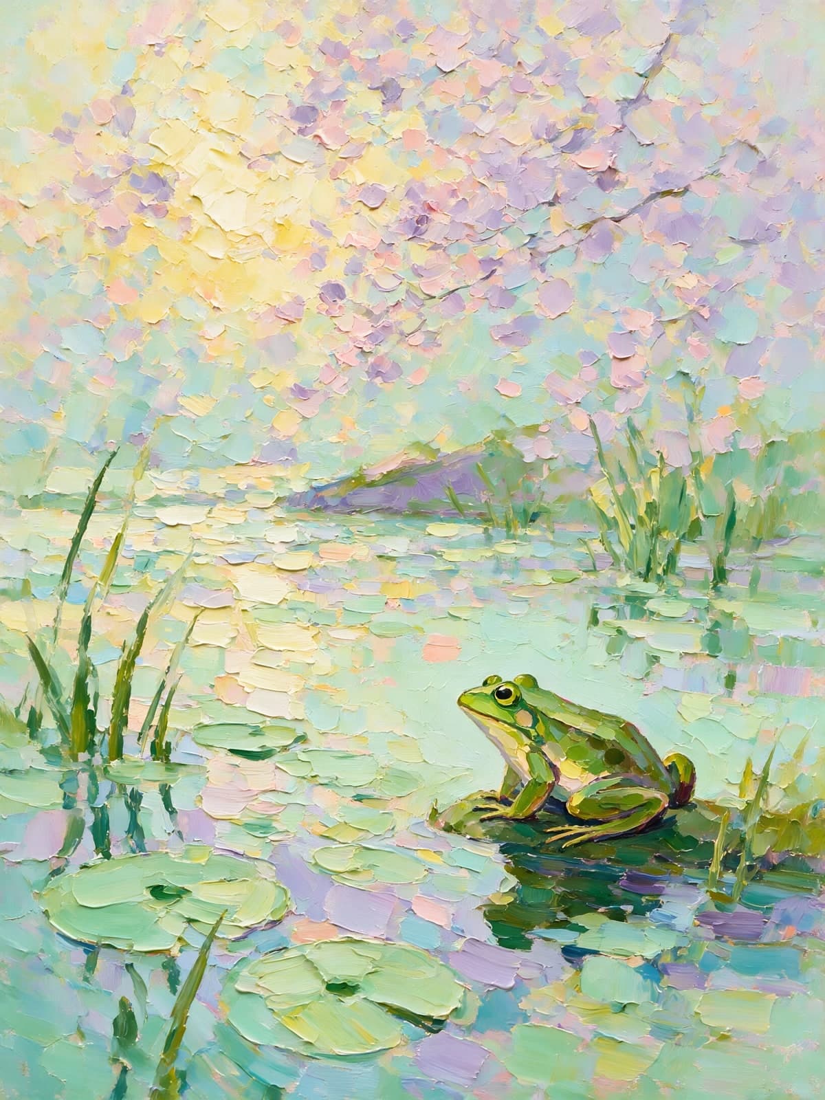 Groene kikker op pastelkleurige waterlelies