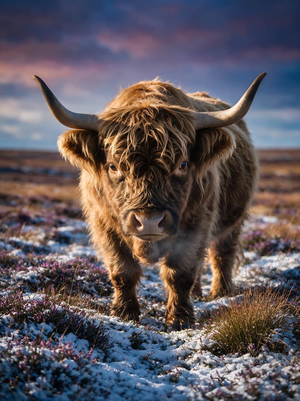 Hooglander in de sneeuw tussen heide