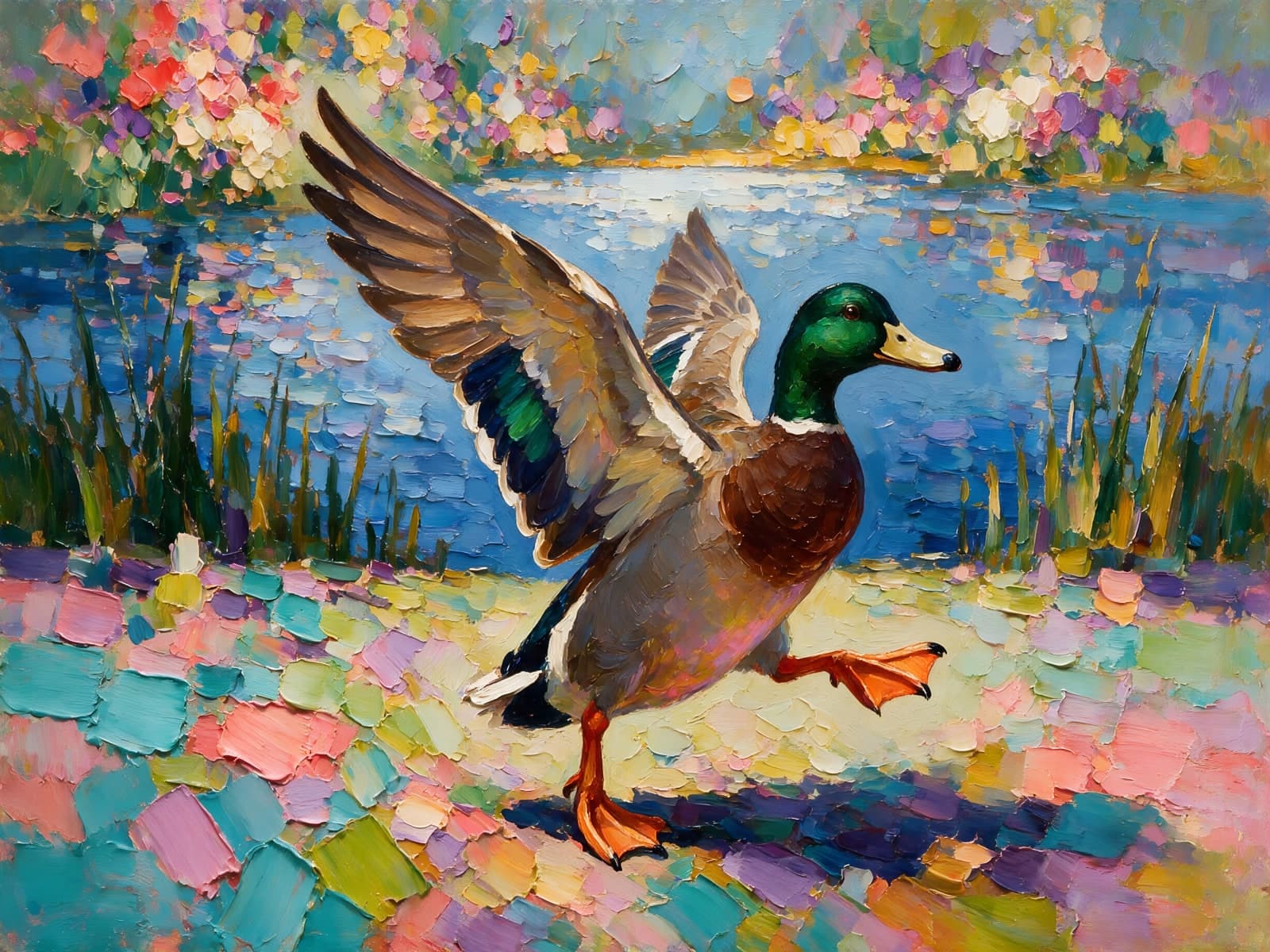 Wilde eend in kleurrijke vijvertuin