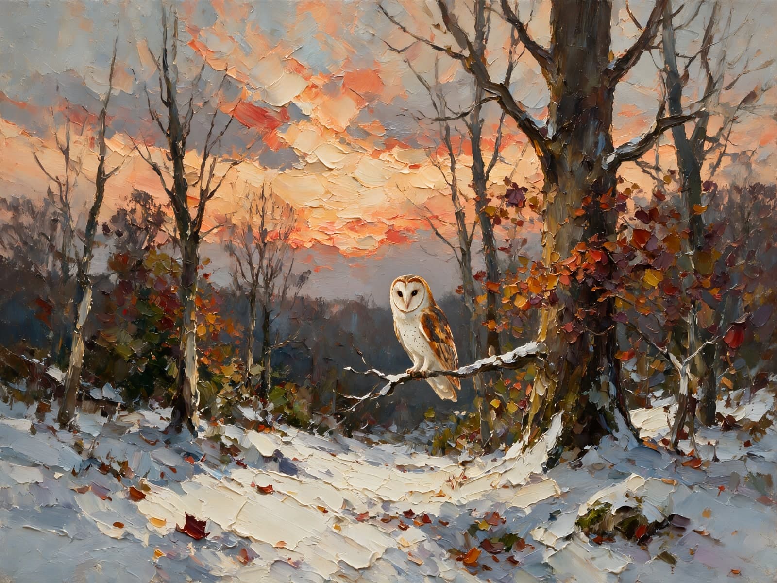 Uil op een tak in een winterbos