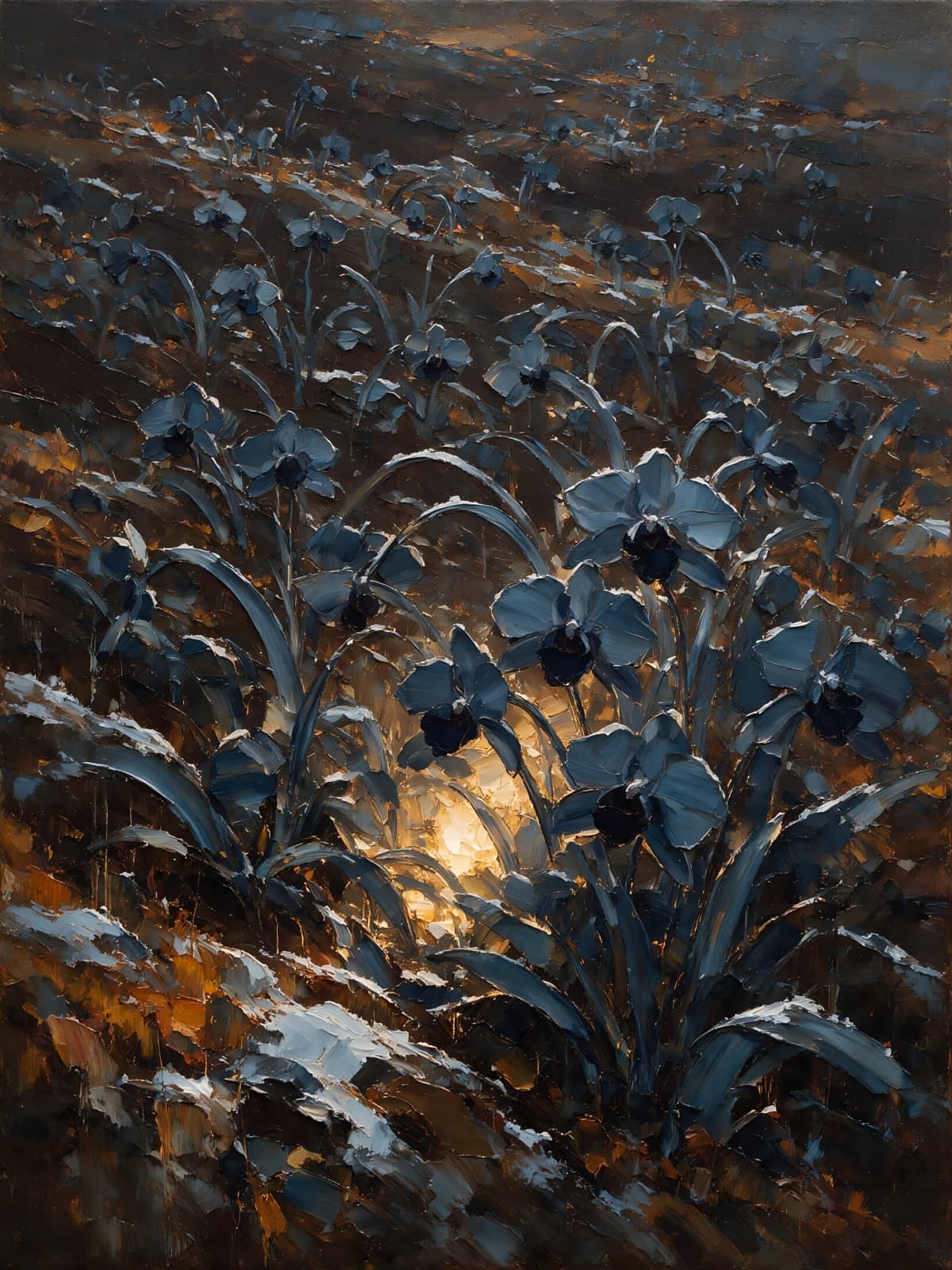 Blauwe bloemen tussen sneeuwvlekken in avondlicht