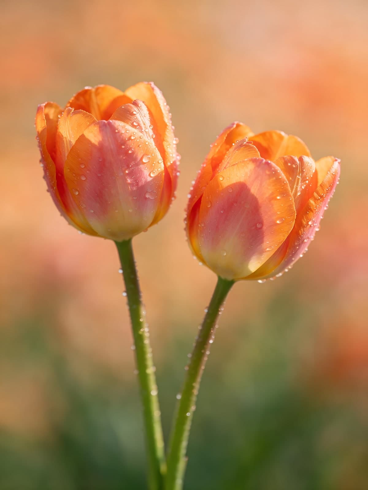 Twee oranje tulpen met dauwdruppels