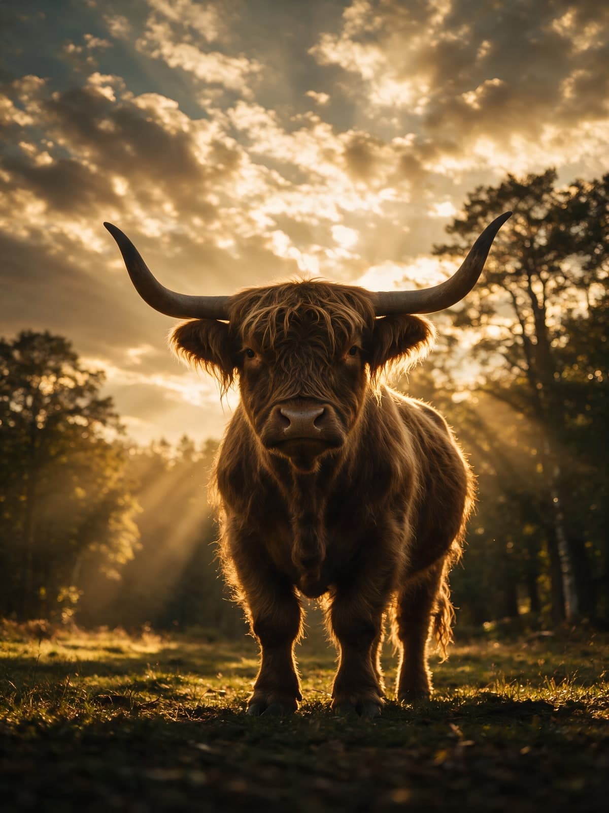Hooglander in tegenlicht tussen de bomen