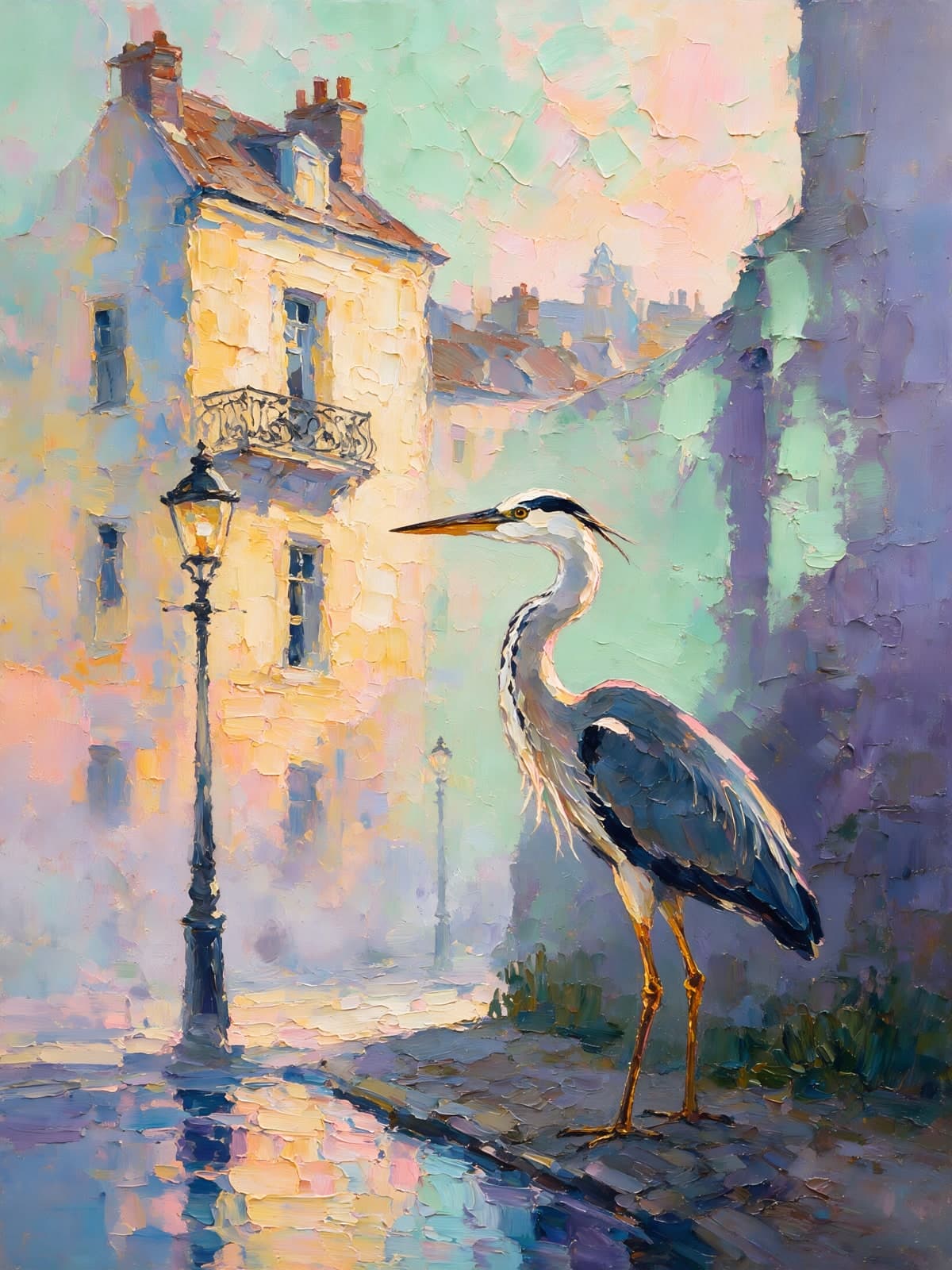 Reiger bij lantaarn in stille straat
