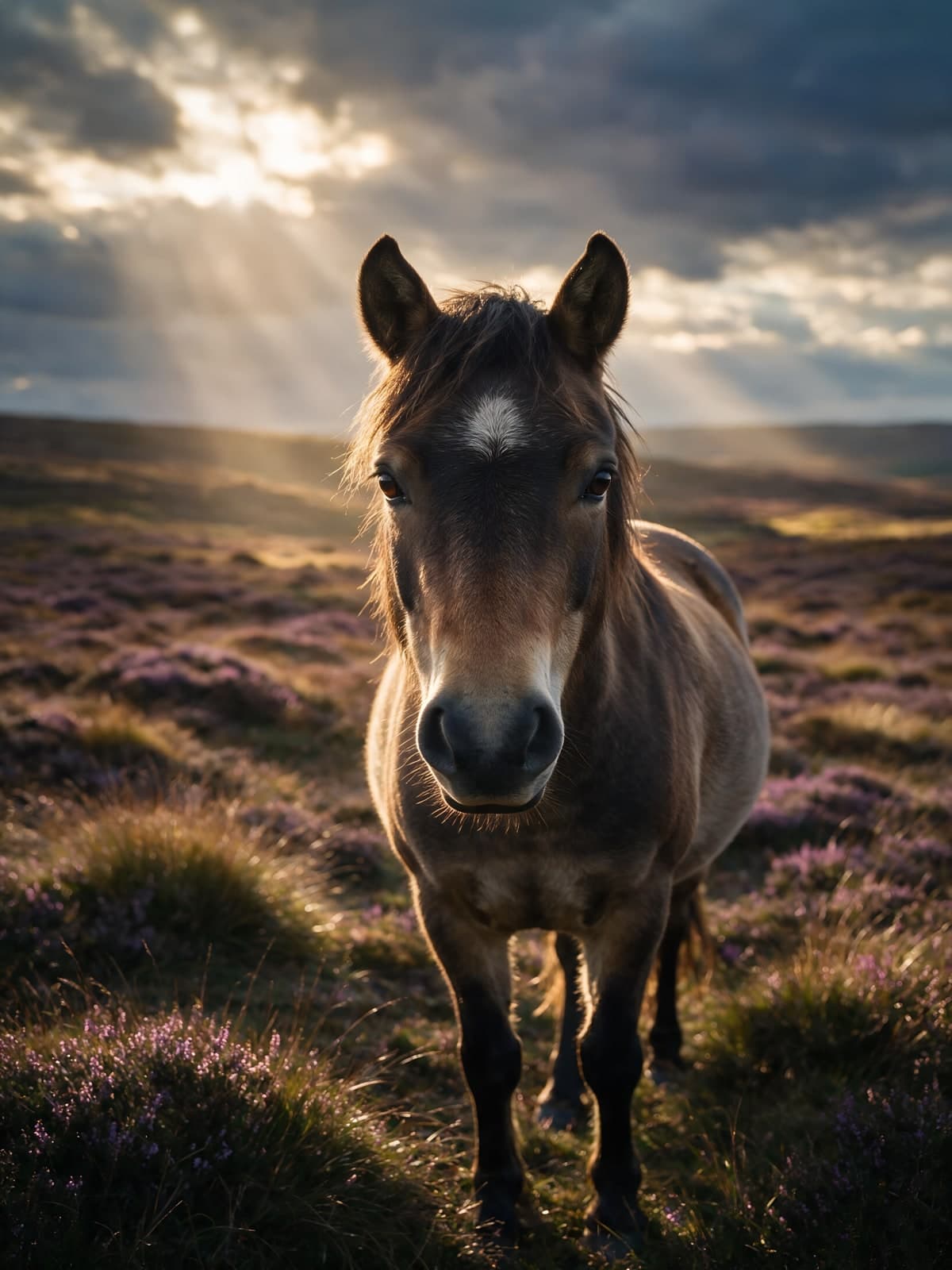 Pony op paarse heide onder lichtstralen