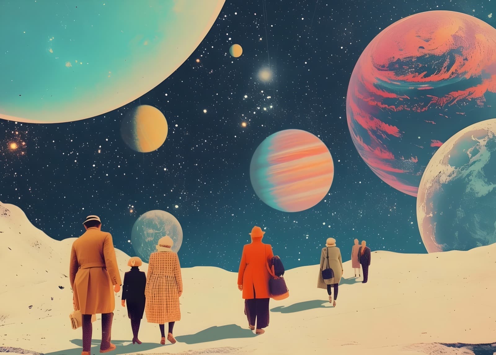 Wandelaars in oranje jassen op de maan