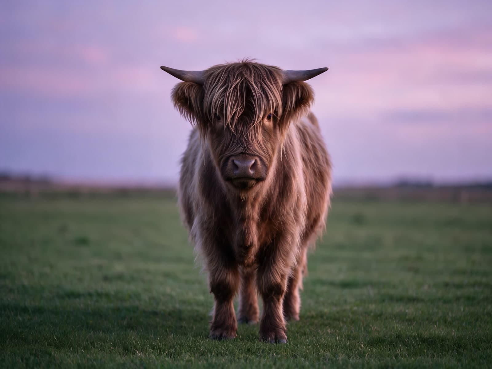 Hooglander in groen veld bij paarse lucht