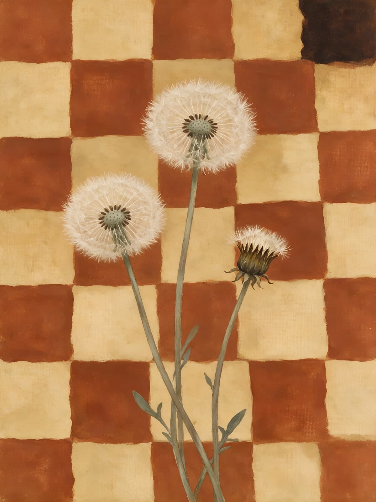 Paardenbloemen voor een bruin schaakbordpatroon