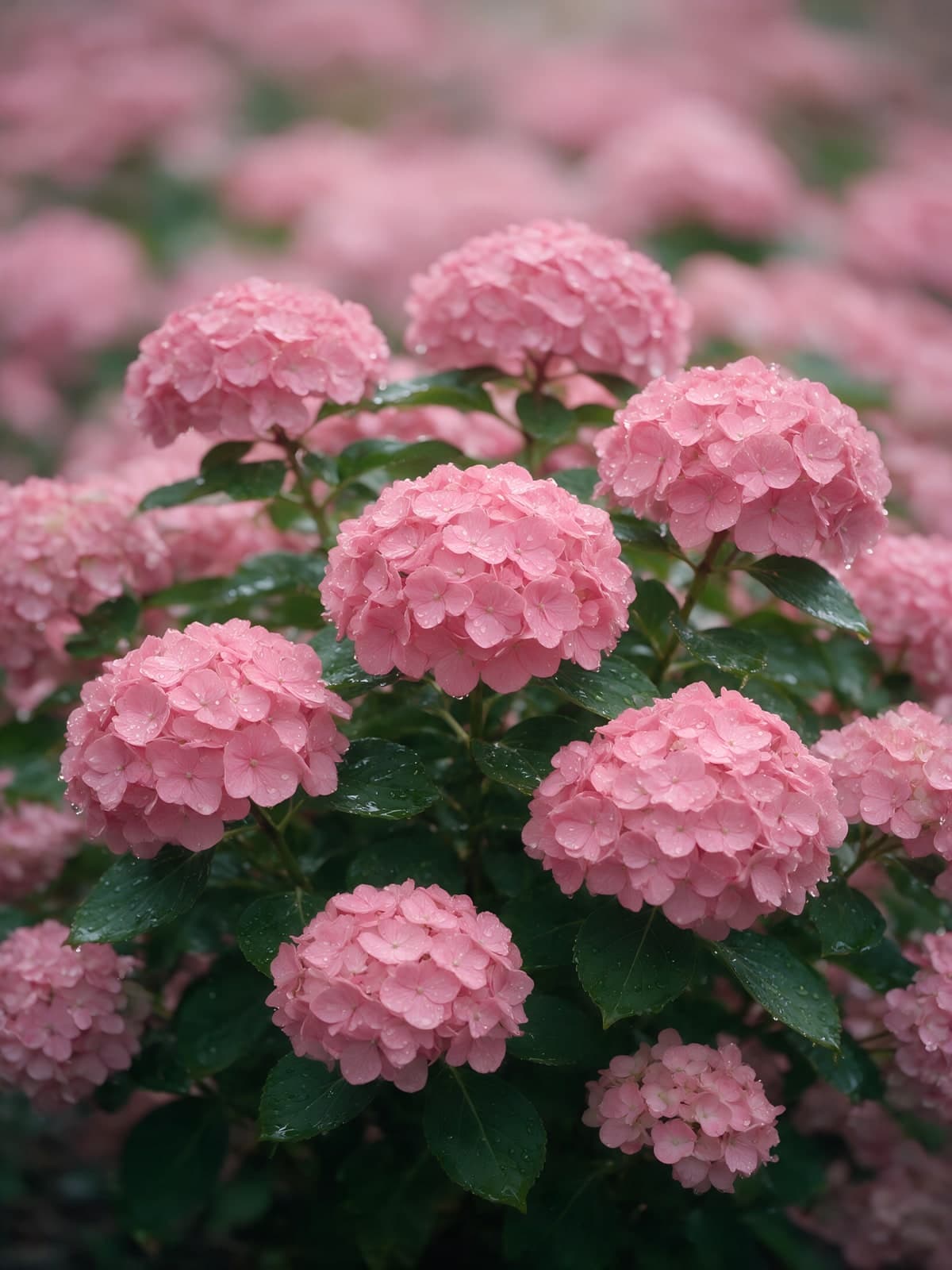 Roze hortensia's met druppels in de tuin