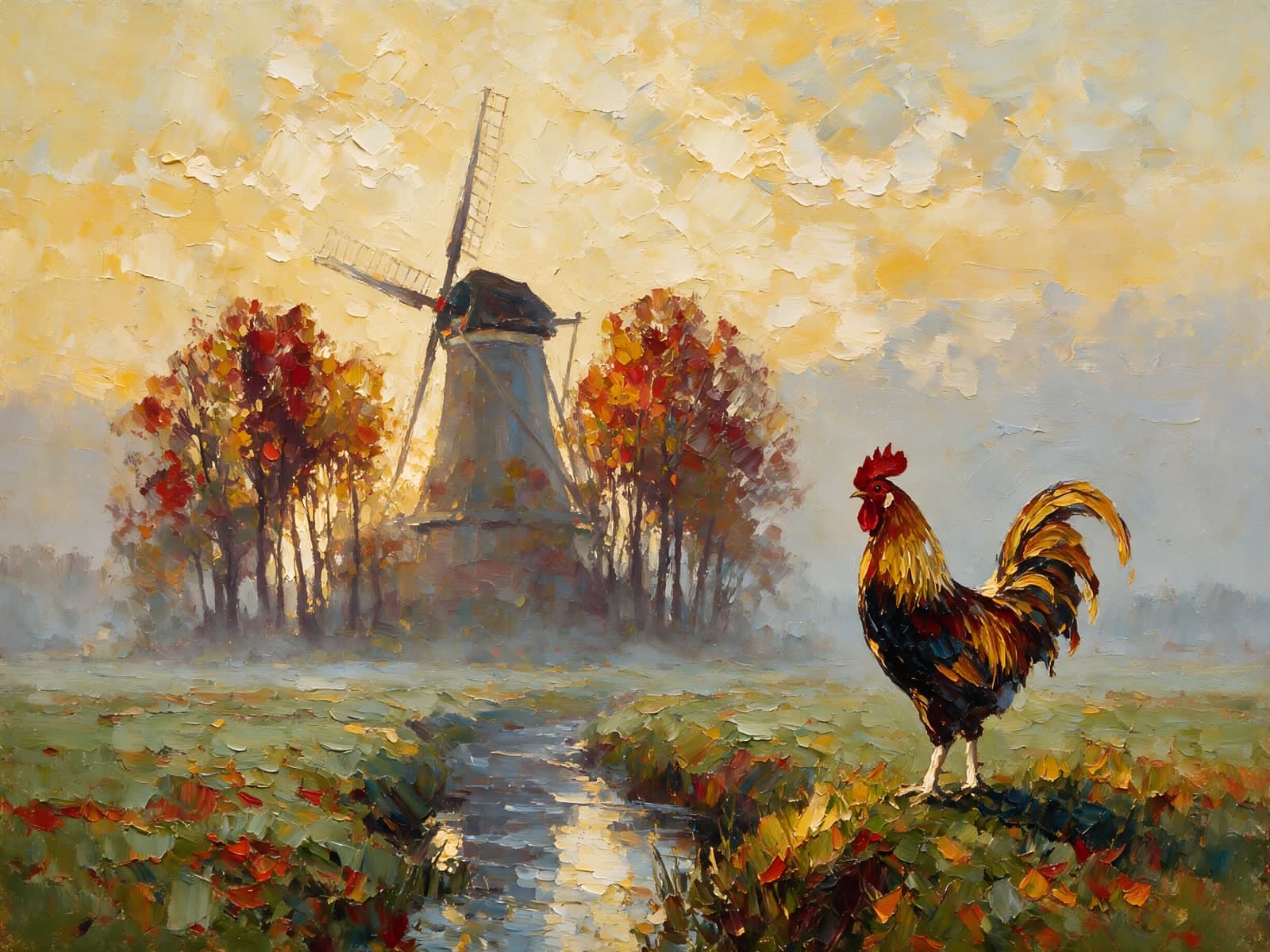 Windmolen en haan in een mistig weiland