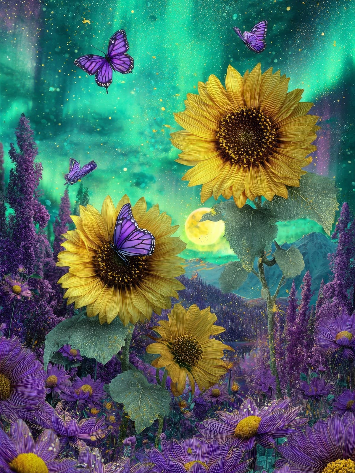 Zonnebloemen onder groen noorderlicht