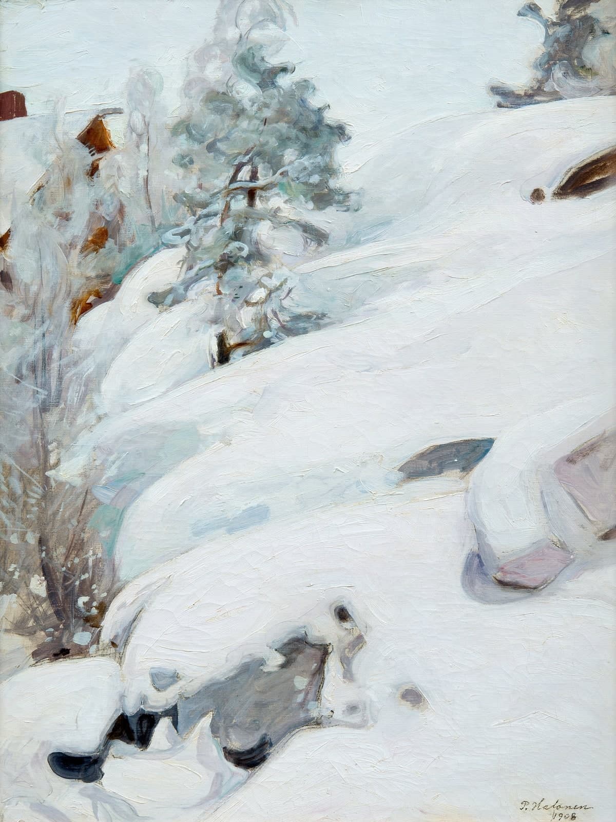 Winterlandschap met sneeuw over rotsen en dennen
