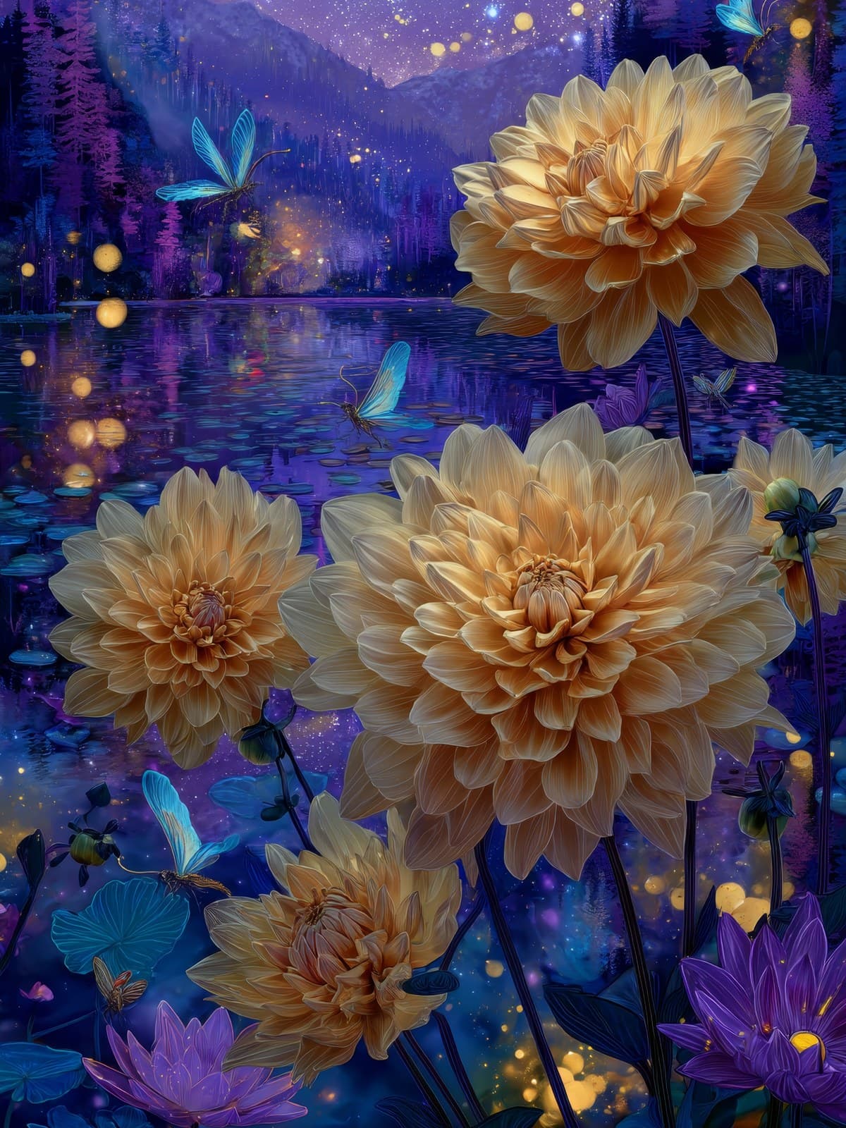 Gele dahlia's en vlinders bij paars water