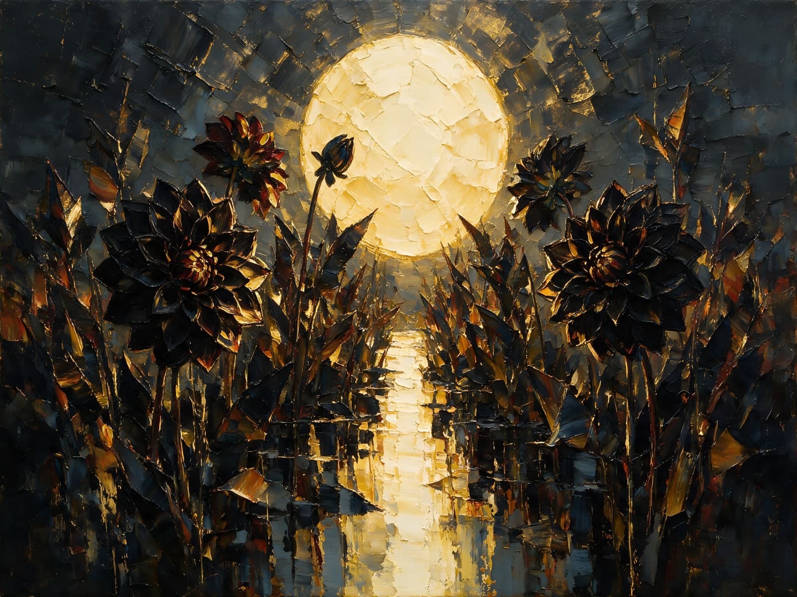 Dahlia's en gouden maan met lichtspoor