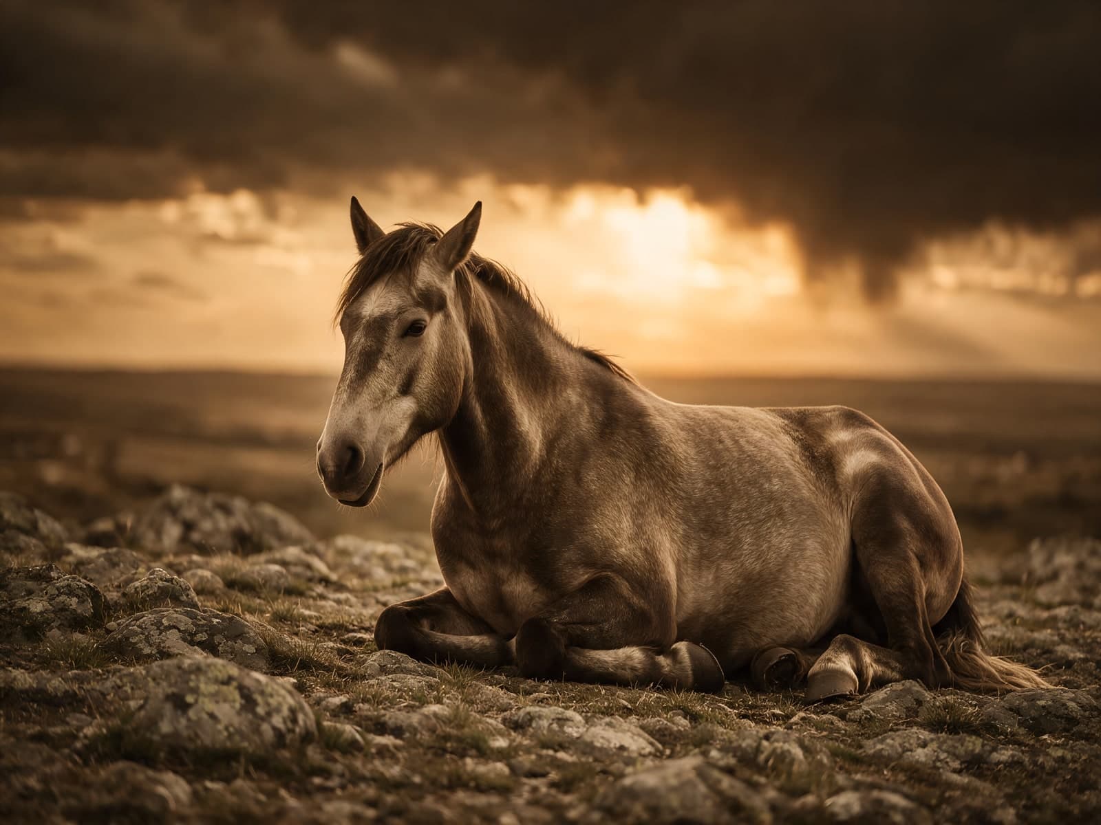Rustend paard in goudbruin zonsondergangslicht