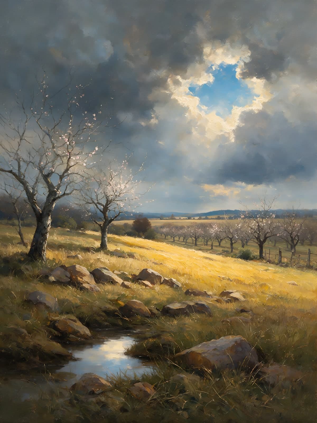 Bloesembomen onder een wolkengat