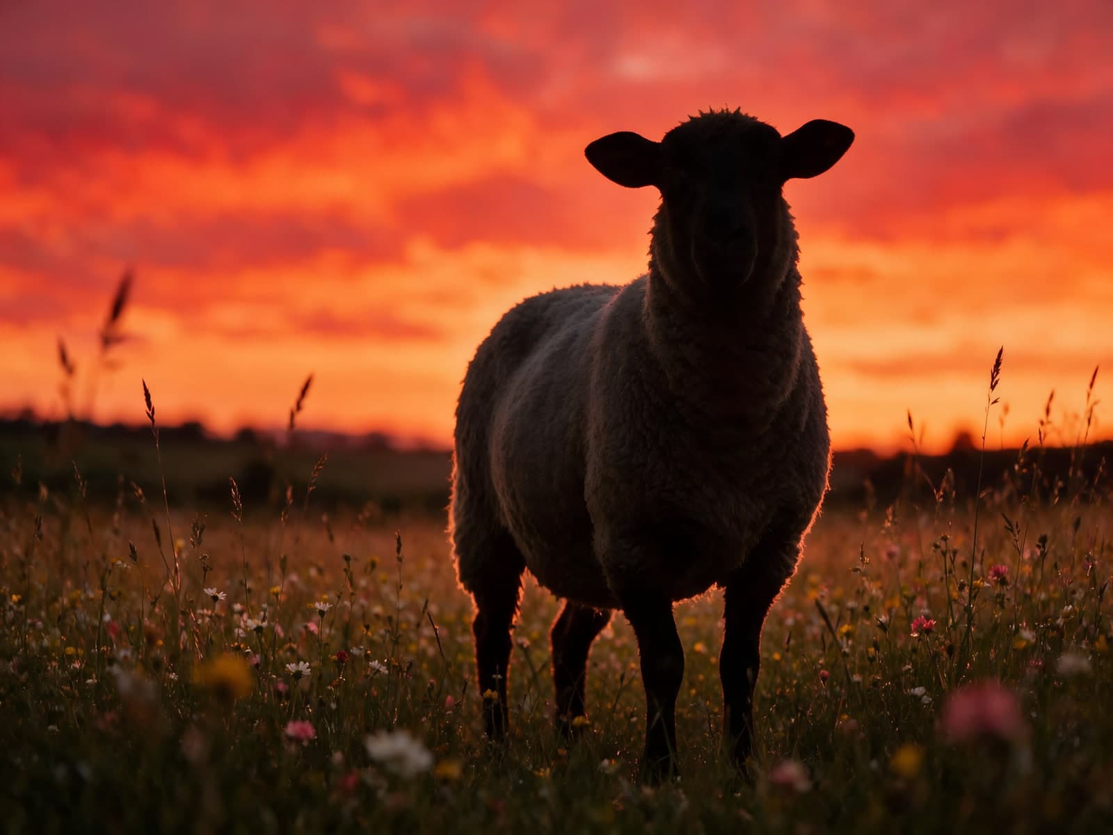 Schaap in silhouet voor rode avondlucht