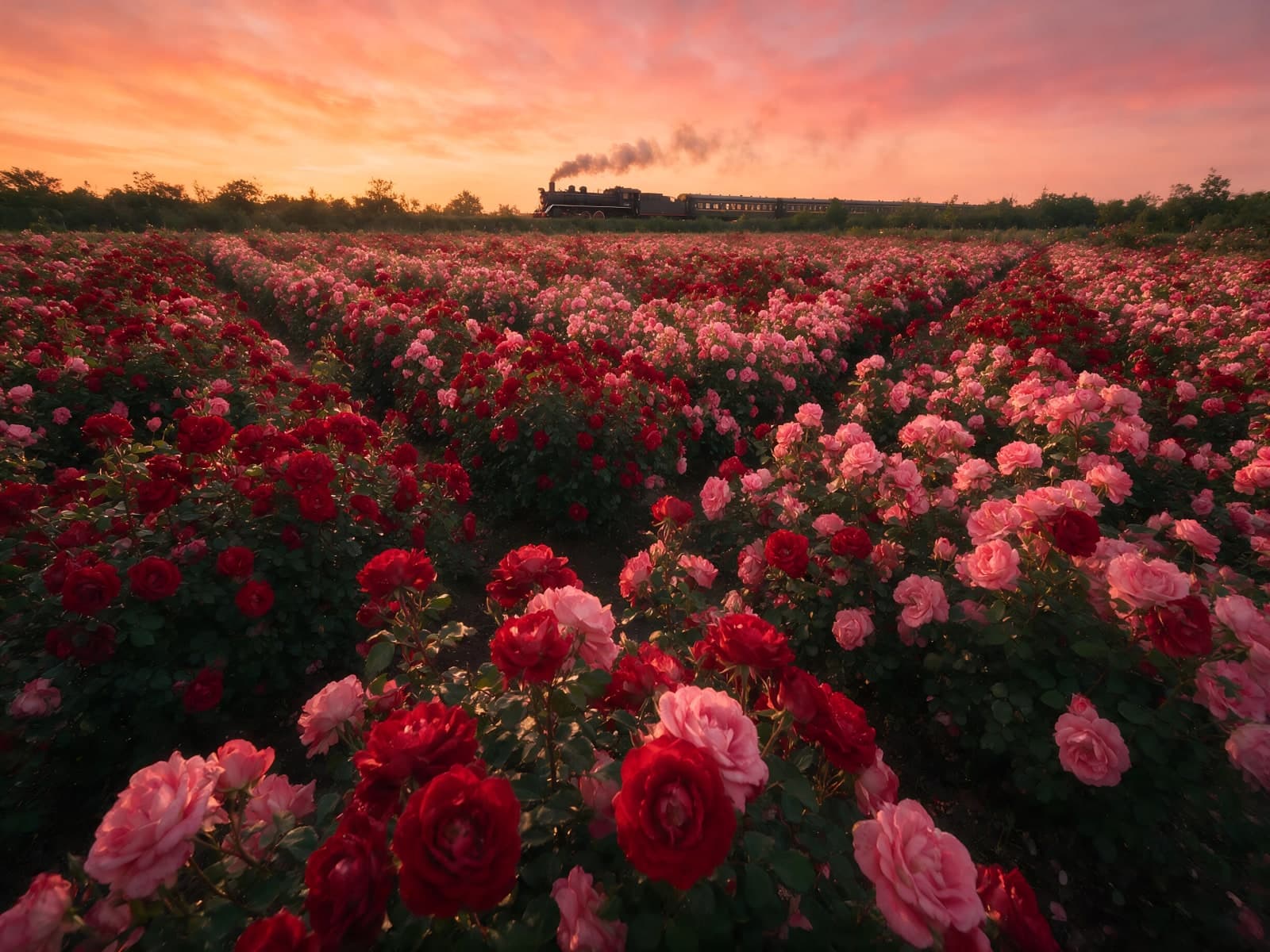 Rozenveld met stoomtrein onder roze avondlucht