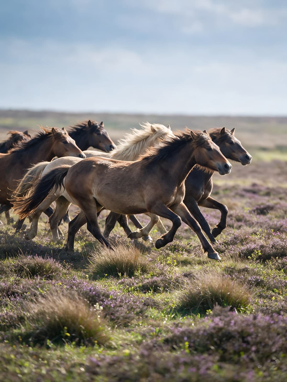 Galopperende paarden over paarse heide