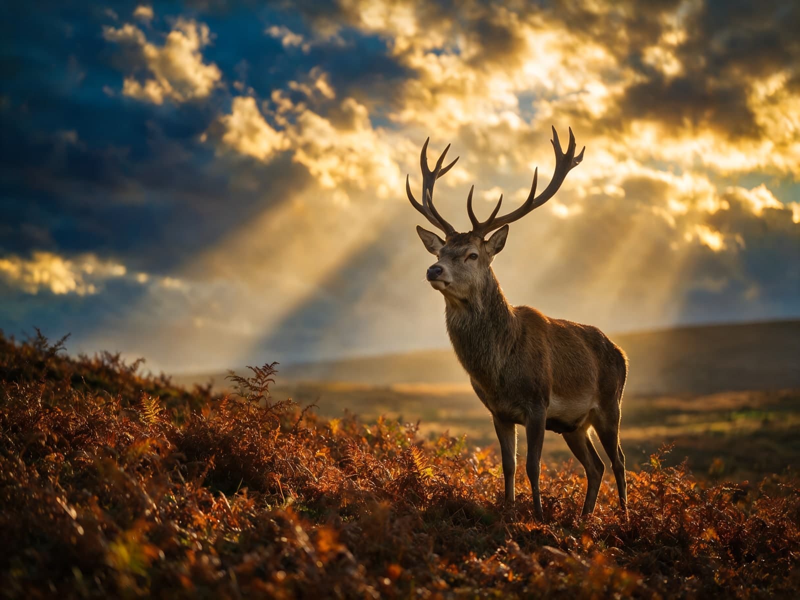 Edelhert in heide met zonnestralen
