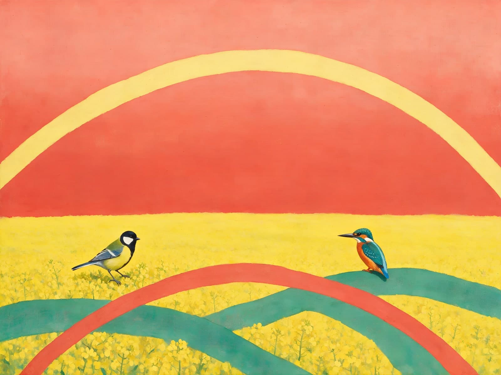 Koolmees en ijsvogel in geel veld
